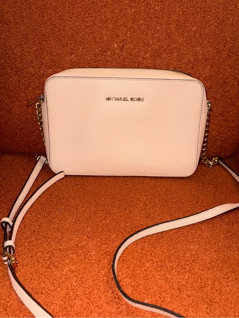 Michael Kors Jet Set Powder Pink Saffiano Crossbody with Gold Chain Detail
